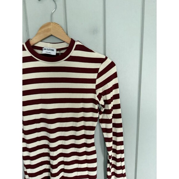 LNA Clothing Top XS Burgundy Cream Striped Rayon Blend Ribbed Crew Neck L/S - Picture 2 of 7